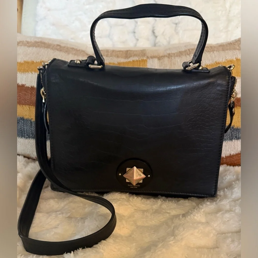 Kate Spade Varick Street Abbie Satchel Black Croc Embossed Leather Bag - Picture 2 of 10